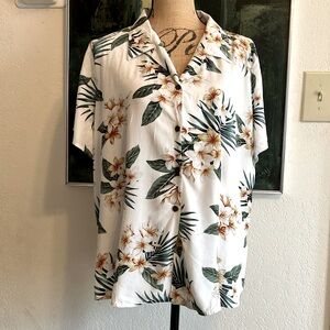 Vintage Bishop Street women’s Aloha tropical plumeria palm tree print shirt 2XL